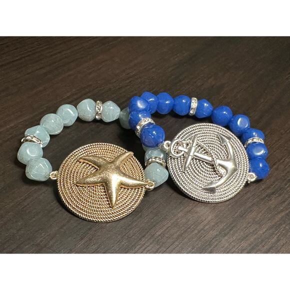 Pair of Coastal Beaded Bracelets Banded Anchor Starfish Fashion Jewelry - Picture 1 of 11